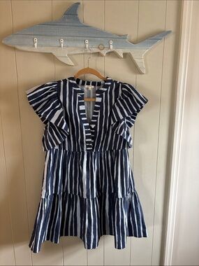 JODIFL Navy and White Striped Ruffle Sleeve Dress
